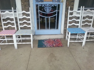 Last shot, in front of the front door. The 4th chair did eventually get covered - at the time I couldn't decide which fabric I wanted to use.
